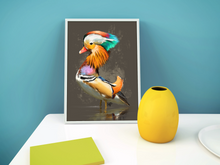 Load image into Gallery viewer, Mandarin Duck Bird Art Print on Table Against Blue Wall
